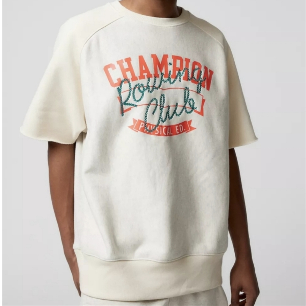 Champion UO Exclusive Reverse Weave Short Sleeve Crew Neck Sweatshirt,Color: Tan